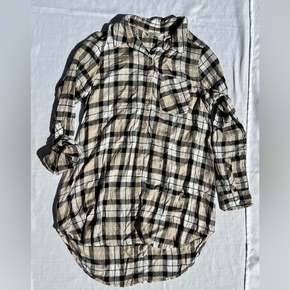 🆕 Caffe Marrakesh Plaid Tunic top- Black, White, tan Medium M Roll Sleeves D19